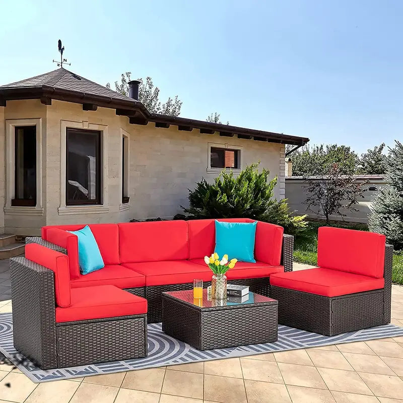 Vongrasig 5-Piece All-Weather PE Rattan Sectional with Ottoman & Glass Coffee Table