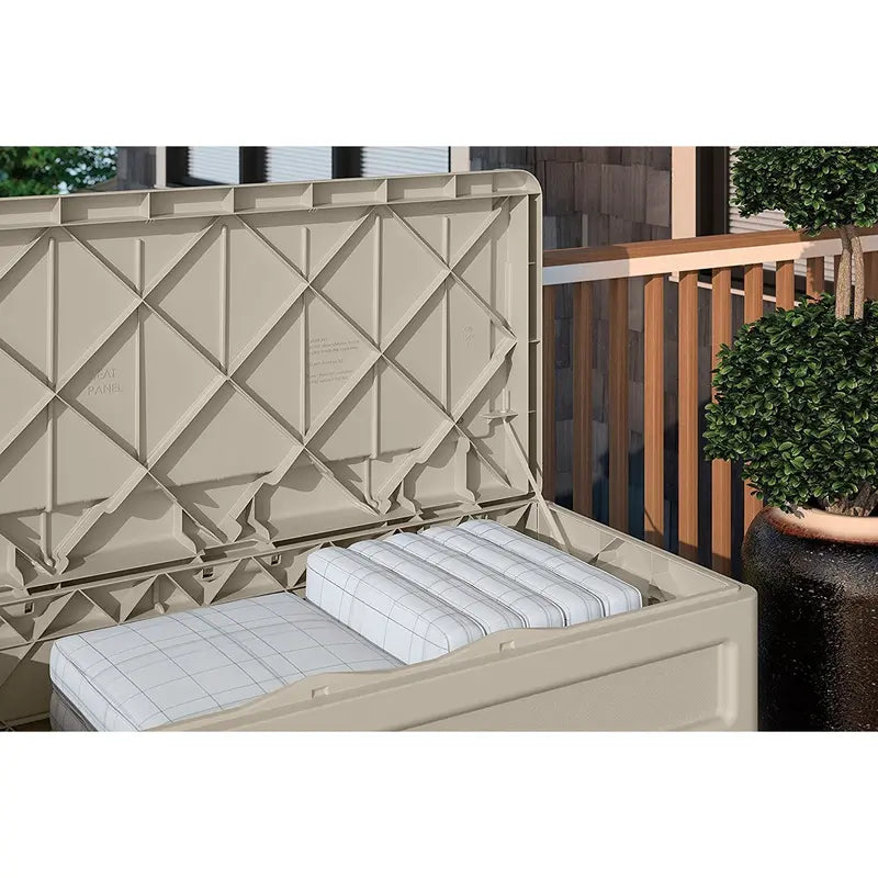 Suncast 73 Gallon Resin Deck Box with Seat, Light Taupe