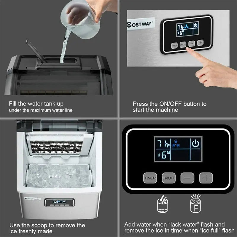 Stainless Steel Countertop Ice Maker â€?48LB/24H Output, LCD Display, Self-Cleaning Function & Ice Scoop Basket