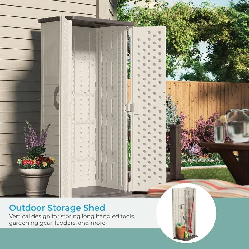 Suncast 22 Cu. Ft. Lockable Vertical Storage Shed BMS1250, Durable Vanilla Resin