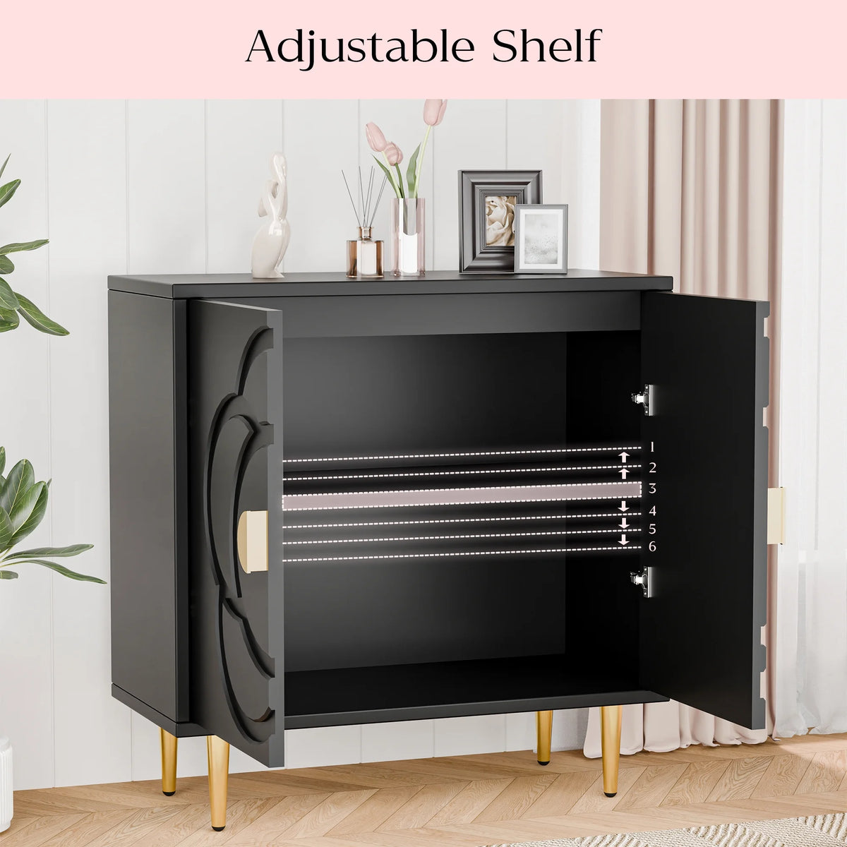 Tolead Modern Sideboard Buffet Cabinet with Flower Pattern Panel, 6 Shelves, White