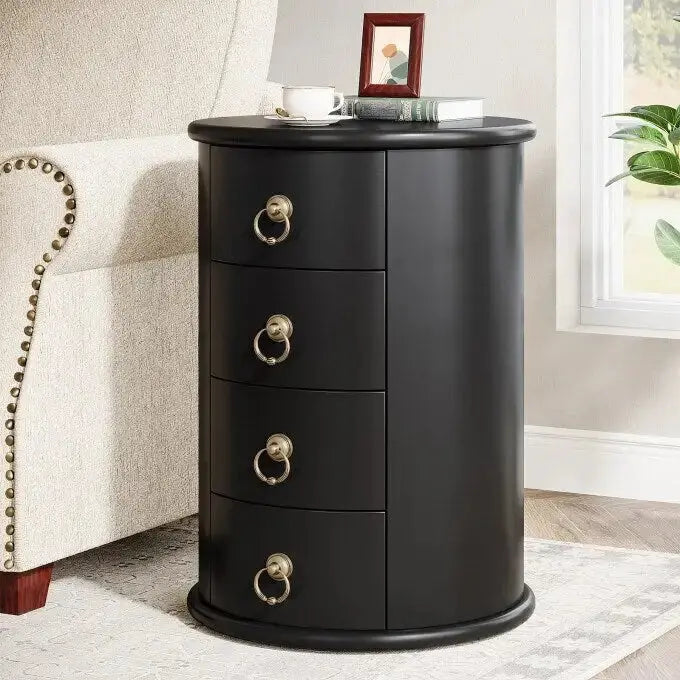 Vintage-Inspired Solid Wood End Table â€?No-Assembly Round Side Table with Hidden Drawer