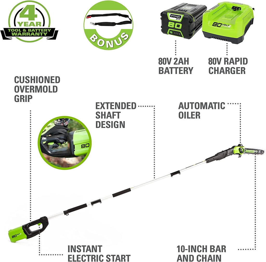 Greenworks 80V 10" Cordless Battery Pole Saw with 2.0ah Battery & Rapid Charger