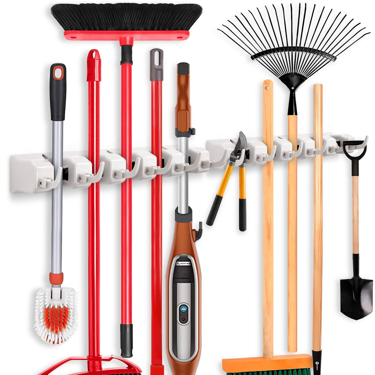 2 Pack IMILLET Mop and Broom Holder, Wall Mounted Organizer-Mop and Broom Storage Tool Rack with 5 Ball Slots and 6 Hooks (Gray)