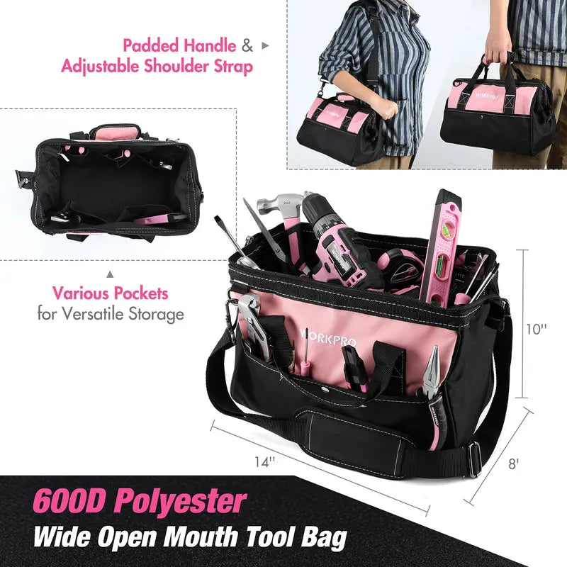 WORKPRO 157-Piece Household Tool Kit with 20V Cordless Drill Driver â€?Pink Ribbon Edition