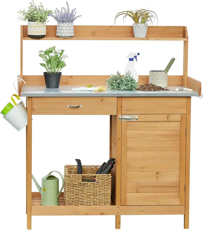 Yaheetech Garden Potting Bench â€?Outdoor Work Table with Metal Frame, Cabinet & Pull-Out Drawer