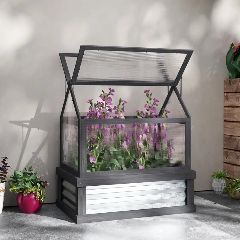 Wooden Raised Garden Bed with Polycarbonate Peak-Roof Greenhouse â€?35.5â€?x 22.5â€?x 38.25â€? Gray