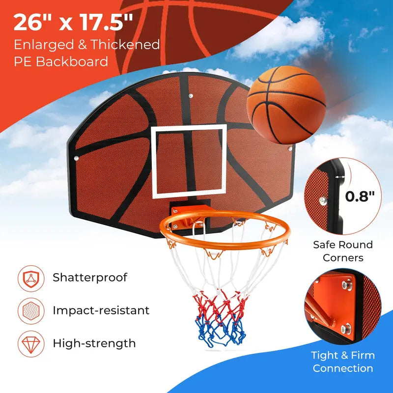 Wall-Mounted Basketball Hoop â€?26â€?x 17.5â€?Shatter-Proof Backboard for Indoor/Outdoor Use