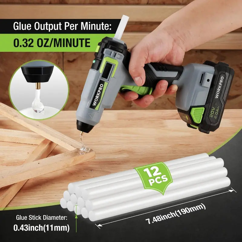 WORKPRO 20V Cordless Hot Glue Gun Kit â€?Includes 12 Glue Sticks & 2.0Ah Lithium-Ion Battery