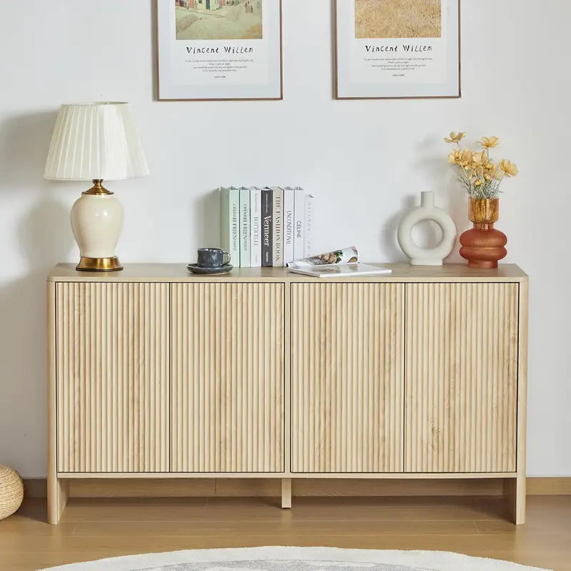 Walnut-Finish Modern Credenza â€?Fluted-Door Sideboard Buffet Cabinet for Kitchen, Dining or Entryway Spaces