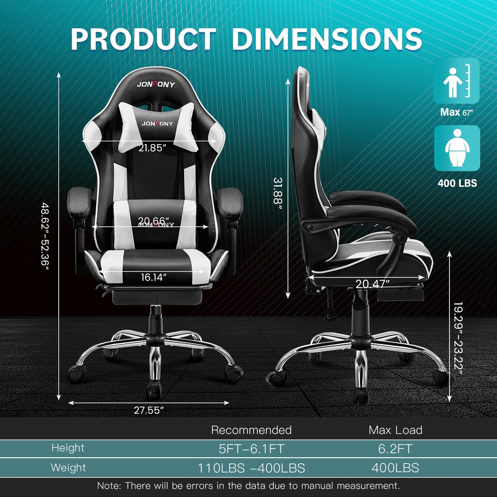 JONPONY Big and Tall Gaming Chair, Ergonomic Design, Gamer Chair PU Leather with Footrest and Lumbar Support, High Back Office Chair Support 8 Hours Long Sitting, Computer Chair, Black Grey