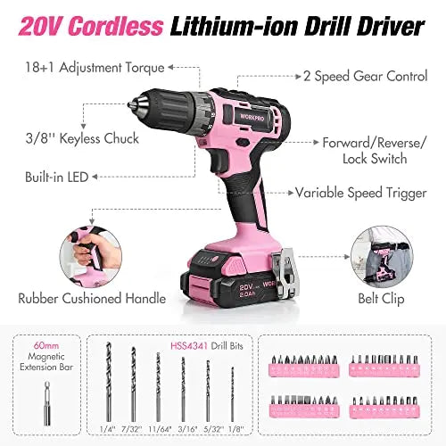 WORKPRO Pink Household Tool Kit with 20V Cordless Lithium-ion Drill Driver