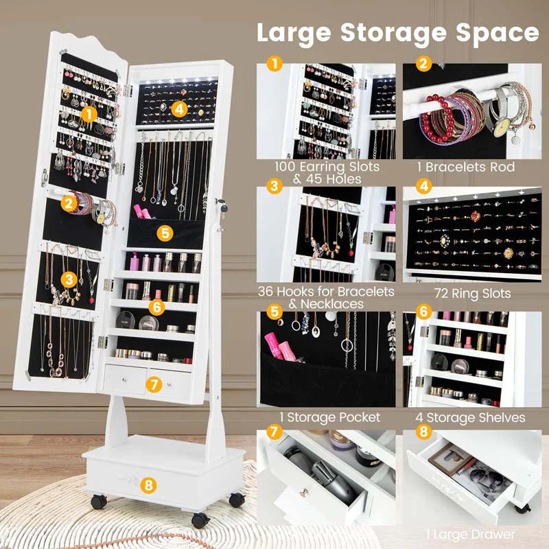 Standing Jewelry Armoire with Full-Length Mirror, Drawers, Lights & Wheels, Lockable Mirror Jewelry Cabinet Storage Organizer
