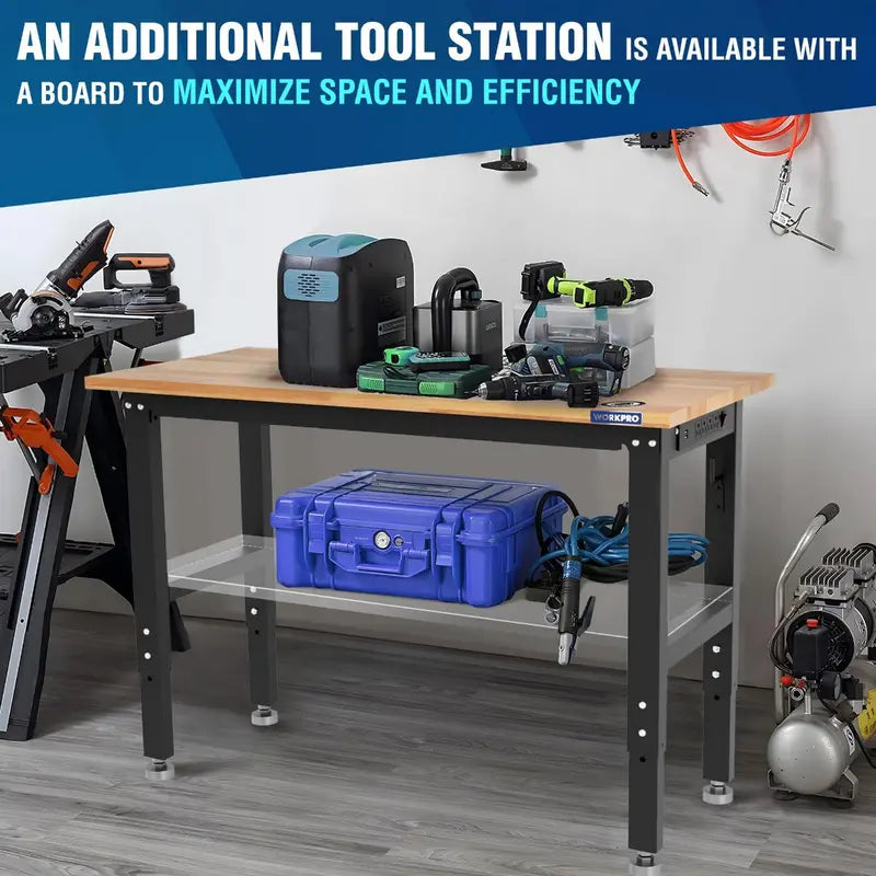 WORKPRO 48â€?x 22â€?Heavy-Duty Adjustable Workbench â€?1500-LB Load, Hardwood Surface