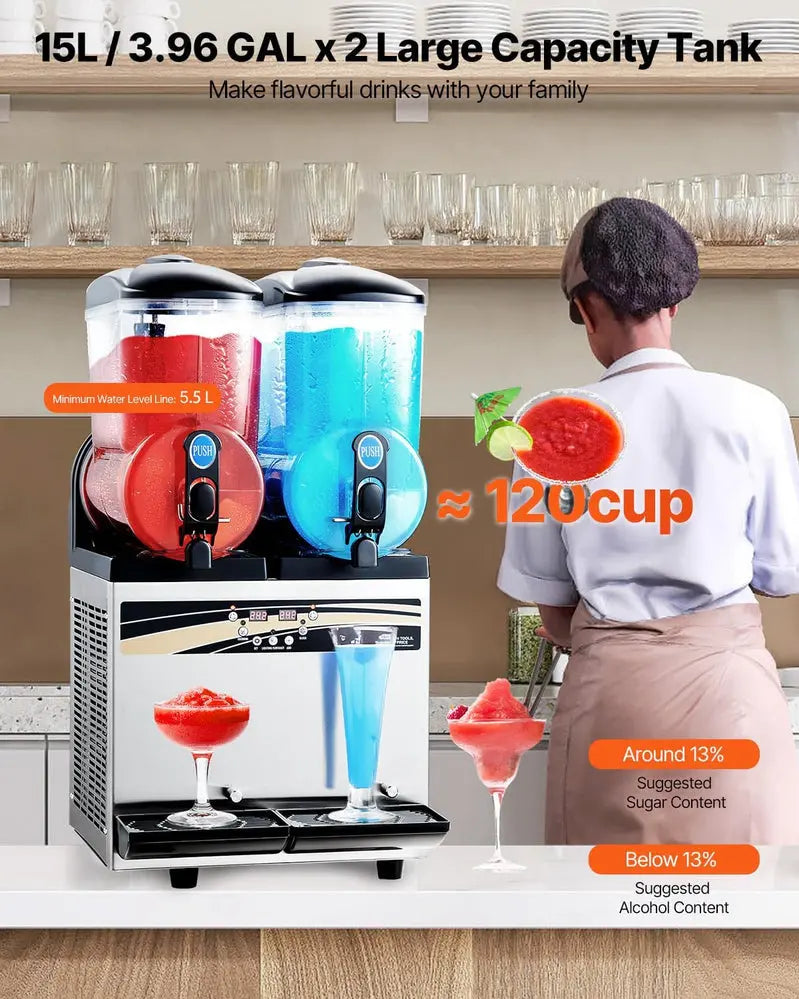 VEVOR Commercial Slushie Machine â€?Dual 15L Tanks, Stainless Steel Margarita & Frozen Drink Dispenser (120 Servings)
