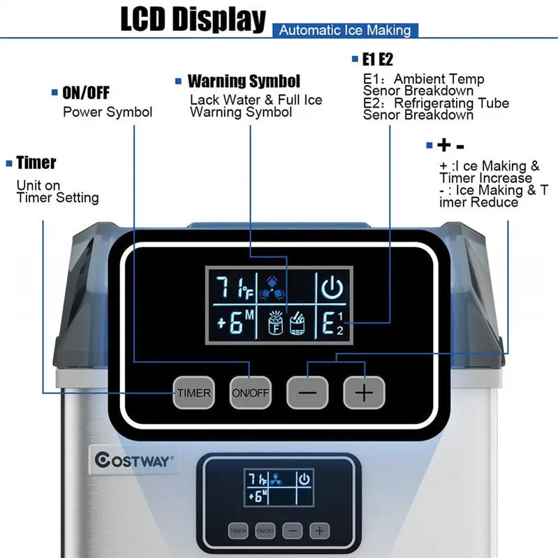Stainless Steel Countertop Ice Maker â€?48LB/24H Output, LCD Display, Self-Cleaning Function & Ice Scoop Basket