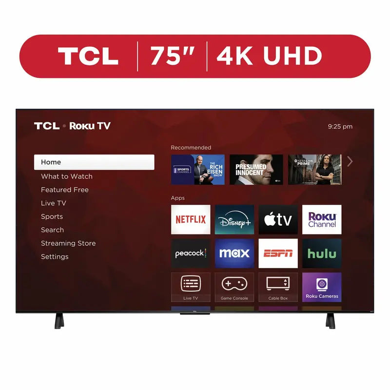 TCL 75-Inch 4-Series 4K UHD Smart TV with Roku, HDR, Voice Control, and Sleek Bezel-Less Design