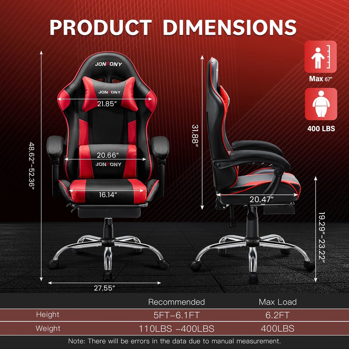 JONPONY Big and Tall Gaming Chair, Ergonomic Design, Gamer Chair PU Leather with Footrest and Lumbar Support, High Back Office Chair Support 8 Hours Long Sitting, Computer Chair, Black Grey
