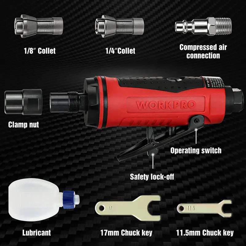 WORKPRO 1/4â€?Pneumatic Air Die Grinder â€?25,000 RPM Straight-Handle Grinder with 1/4â€?and 1/8â€?Collets