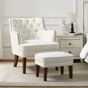 GERICCO Accent Chair with Ottoman Set, Club Armchair Indoor, Comfy Reading Chair and Ottoman for Bedroom Living Room, with Bronzer Nail Head Trim Wooden Legs(Beige)