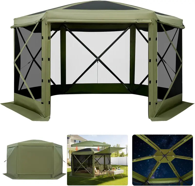 VEVOR 12×12 ft Hexagonal Pop-Up Canopy Shelter with Ventilated Mesh Windows and Compact Carry Bag
