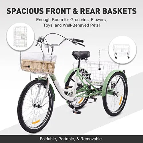 Viribus 7-Speed Adult Tricycle â€?24â€?Three-Wheeled Cruiser with Front Basket, Rear Rack, and Comfort Frame