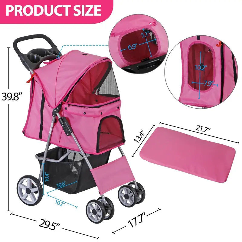 ZENY 4 Wheel Foldable Dog Pet Stroller â€?Pink