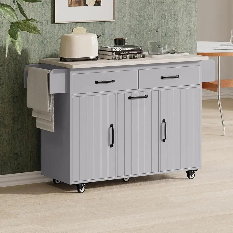 White Rotating Kitchen Island Cart â€?Foldable-Leg Trolley with Trash Bin, Towel Bar, Drawers, and Internal Shelves