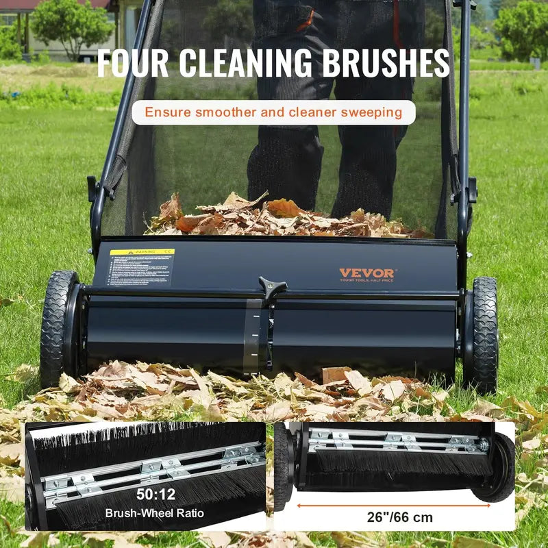 VEVOR 26â€?Lawn Sweeper with 7 ft³ Bag, Adjustable Height, Durable Frame, 4 Spinning Brushes