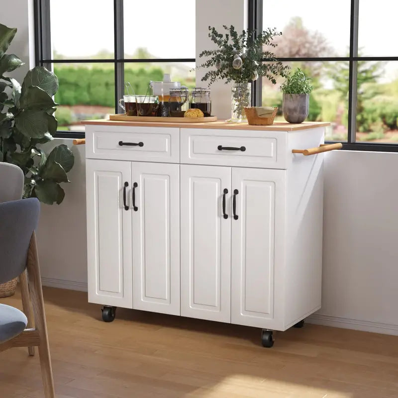 White Rolling Kitchen Island Cart with Storage â€?Wooden Countertop, 2 Drawers, 4 Cabinets, Towel Racks & Adjustable Shelves