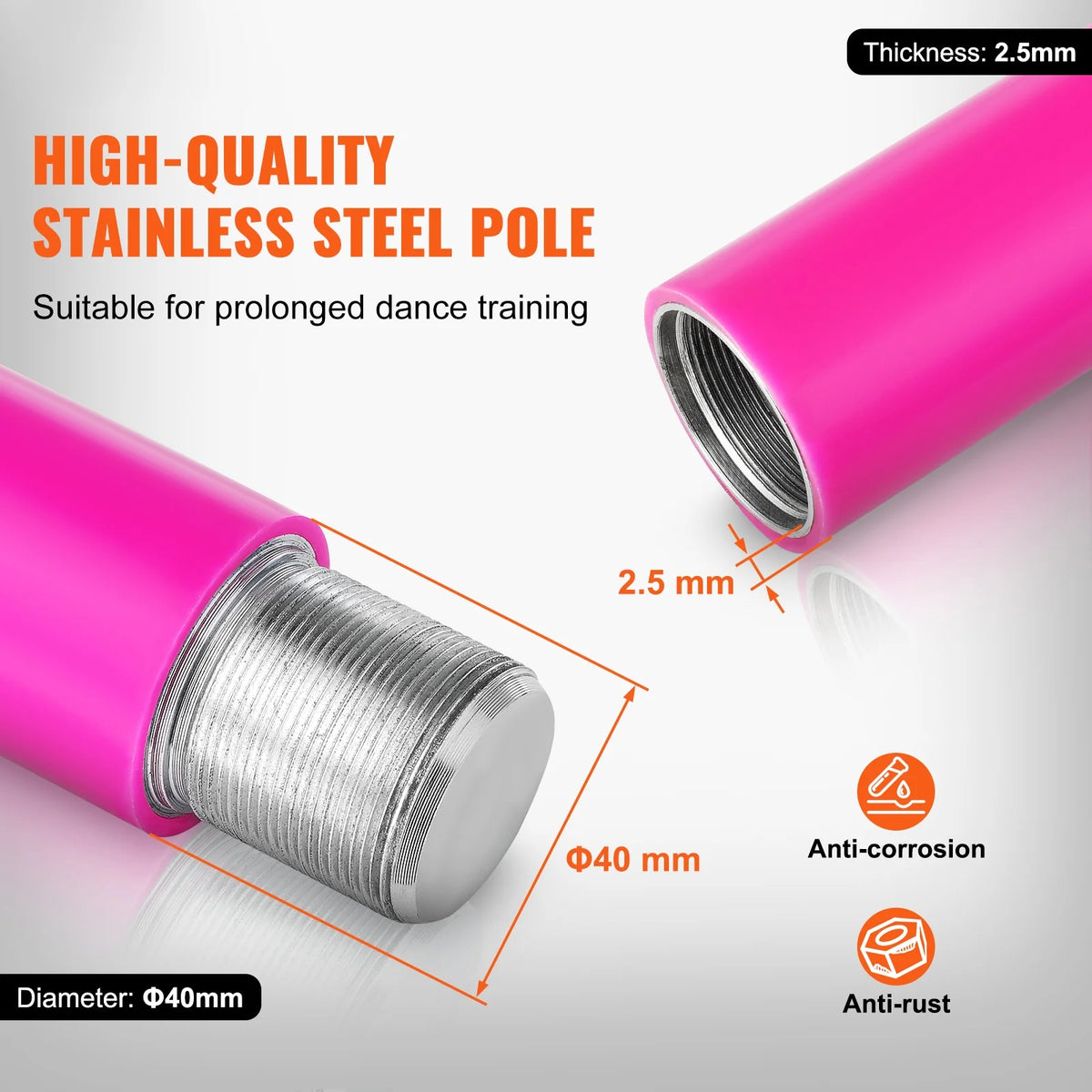 KFFKFF Expert Dance Pole, Rotating and Stationary Dance Pole Set, Detachable Portable Pole, 45mm Robust Stainless Steel Pole, Fitness Pole with Adjustable Height, Suitable for Workout Home, Silver