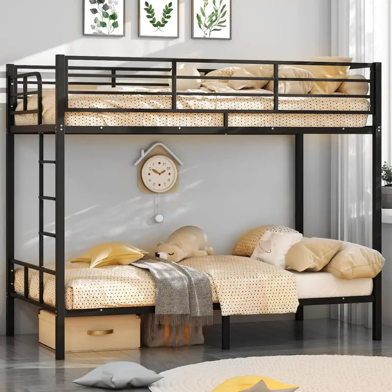 VINGLI Twin-over-Twin LED Bunk Bed â€?Non-Slip Ladder, Full-Length Guardrail, Modern Metal Frame