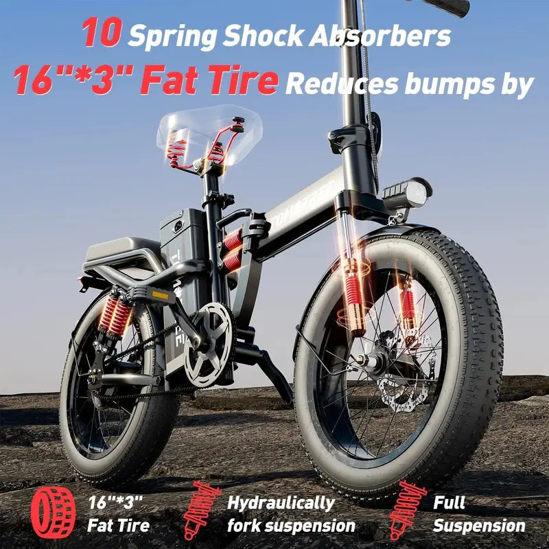 Tomofree T1 1200W Folding E-Bike â€?31 MPH Top Speed, 48V 20Ah Battery, 16×3â€?All-Terrain Tires, LED Display & 330 lb Load Capacity