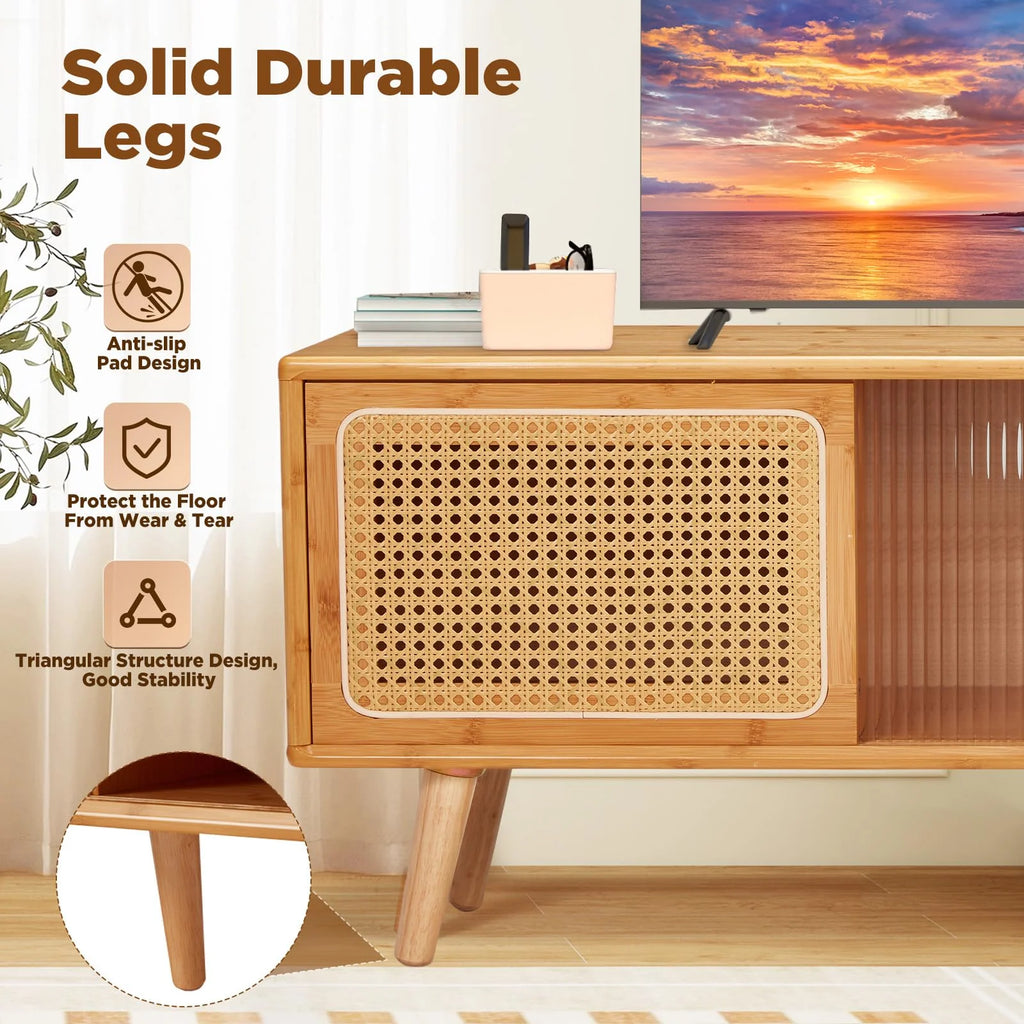AECOJOY Rattan Boho TV Stand for TVs up to 65 inch, Entertainment Center with Rattan Door, Height-Adjustable Shelves & 4 Cabinets & Drawers