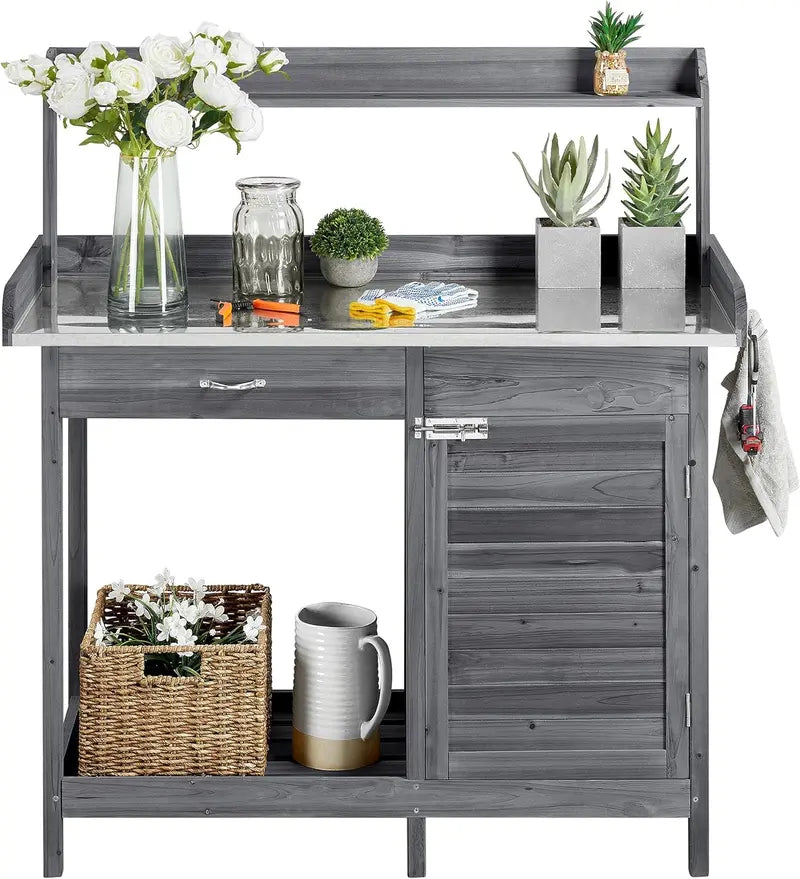 Yaheetech Garden Potting Bench â€?Outdoor Work Table with Metal Frame, Cabinet & Pull-Out Drawer