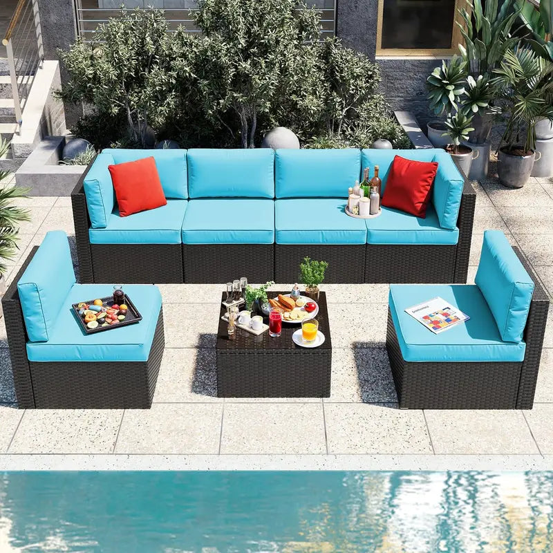 Vongrasig 5-Piece All-Weather PE Rattan Sectional with Ottoman & Glass Coffee Table