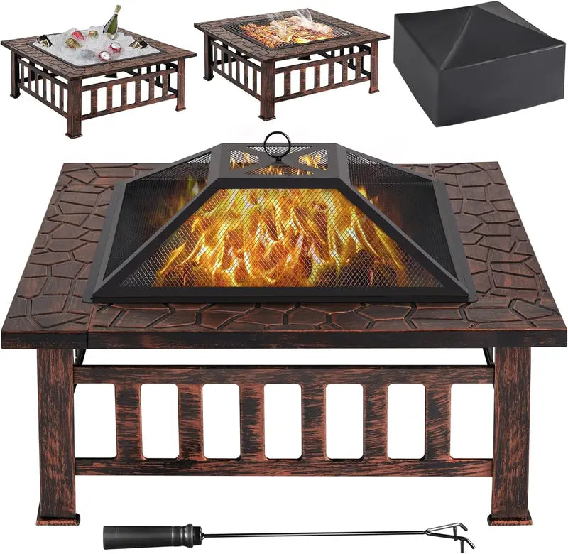 Yaheetech 32-Inch Square Fire Pit Table â€?Multifunctional Outdoor Heating Unit for Patios, Gardens, Camping & Picnics