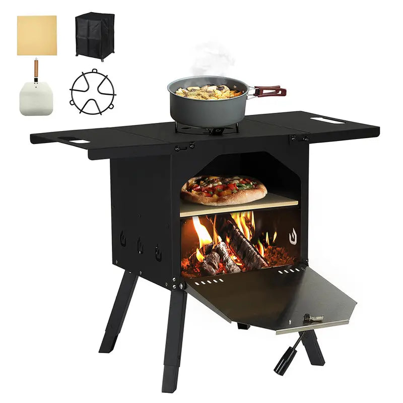 Wood-Fired Outdoor Pizza Oven â€?2-Tier Portable Pellet Oven with Pizza Stone, Peel, Cover, Foldable Shelves & Adjustable Legs
