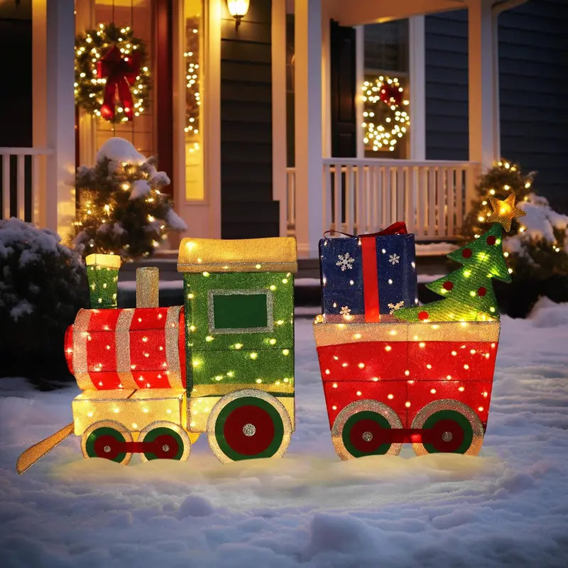 VEIKOU 5FT Outdoor Christmas Train Set with 170 LED Lights, Green & Red, Alloy Steel, Holiday Yard Decoration