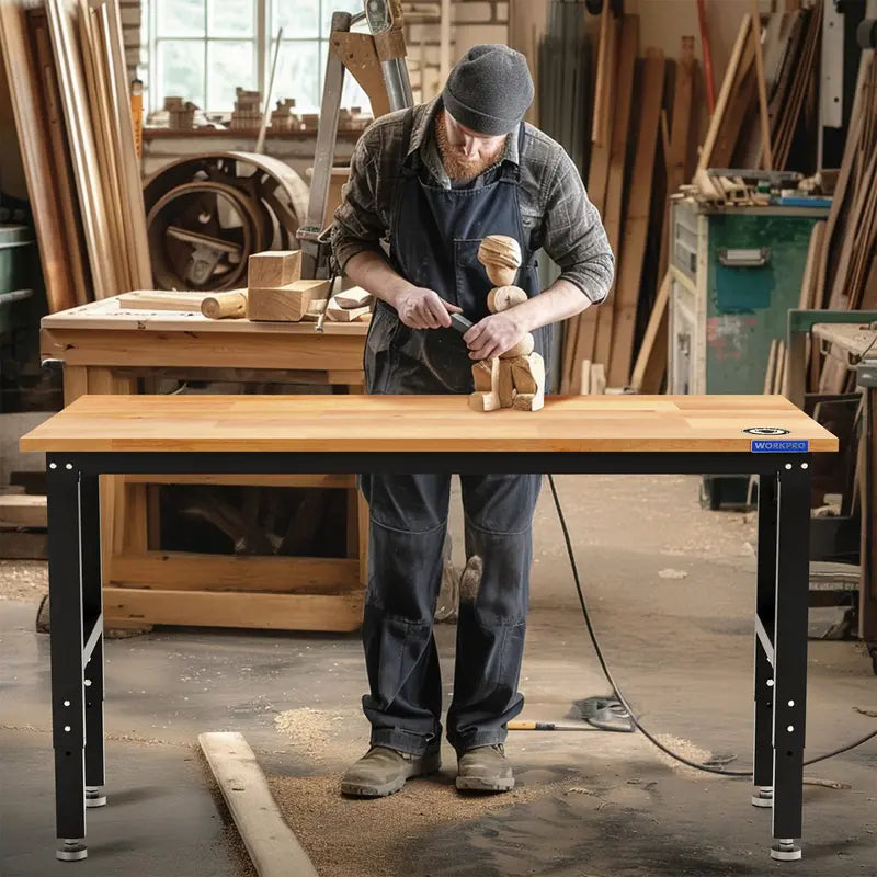 WORKPRO 60â€?x 24â€?Adjustable Workbench â€?1500-LB Capacity, Hardwood Top, Power Outlets
