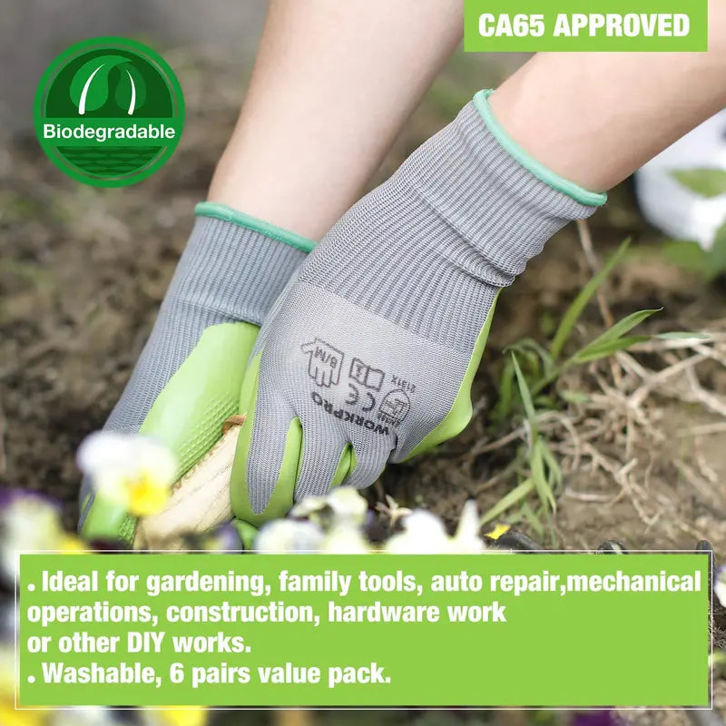 WORKPRO Garden Work Gloves â€?6 Pairs with Eco-Friendly Latex Palm Coating