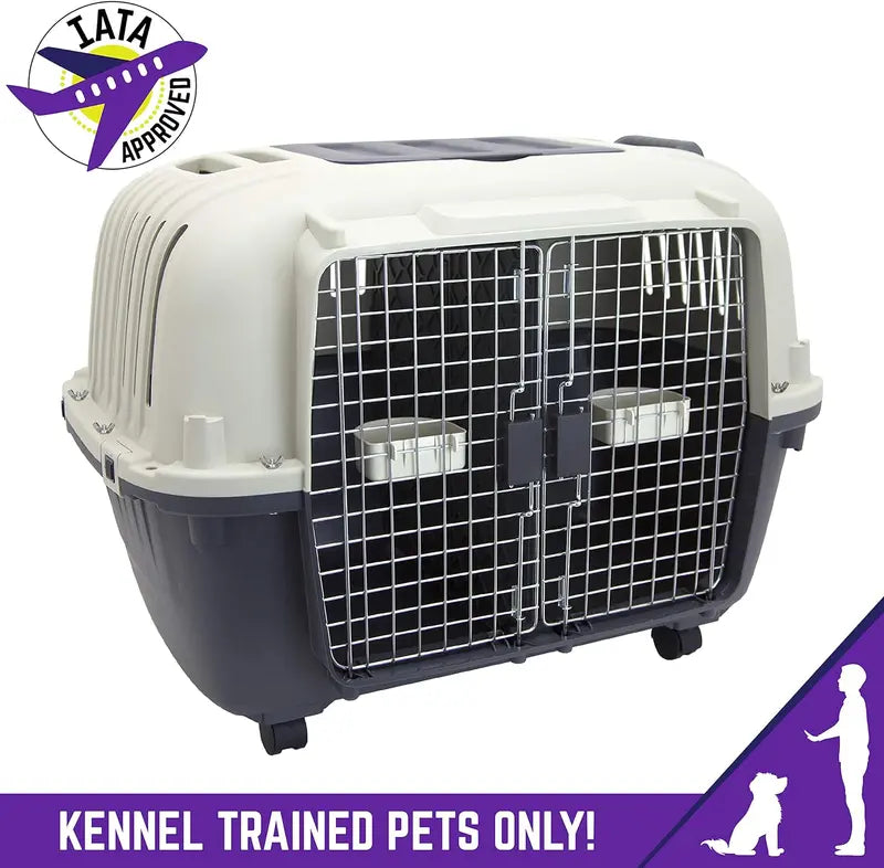 SportPet Designs Rolling Travel Dog Crate â€?Airline-Approved Plastic Kennel with Wire Door, XXX-Large Size, Gray