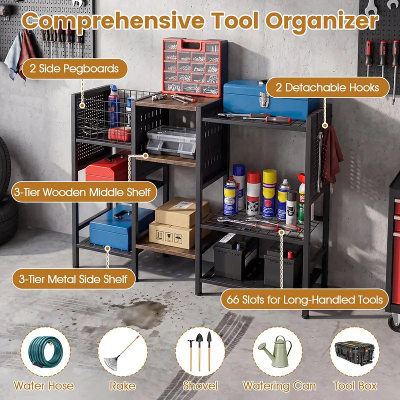 Three-Tier Garden Tool Organizer â€?40-Inch Wide Wall-Mounted Rack with Natural Wood Shelves
