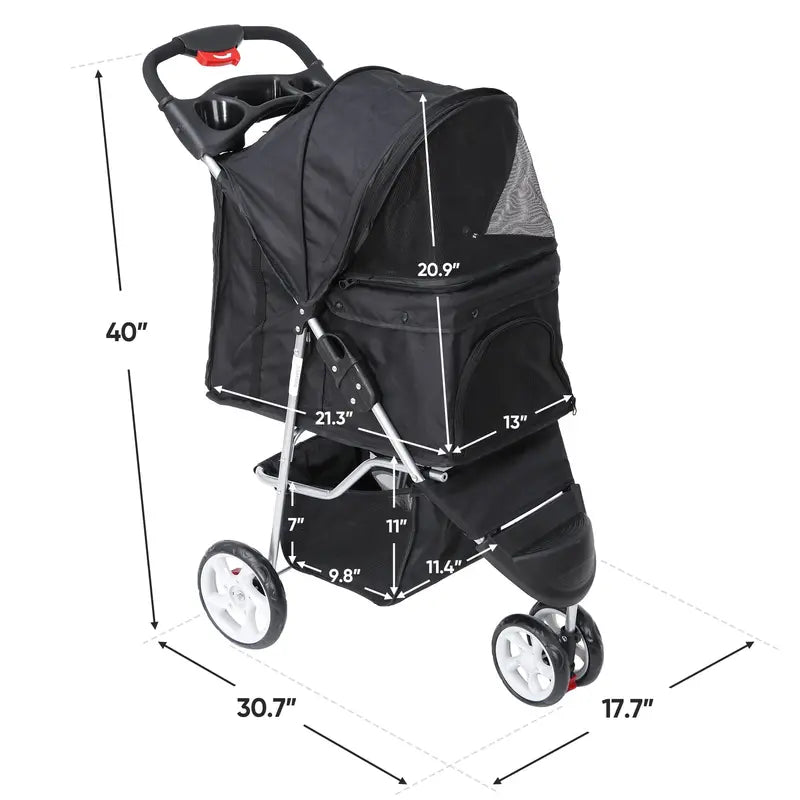 ZENY Three Wheels Pet Stroller, 360 Rotation, Folding Convertible Design, Black