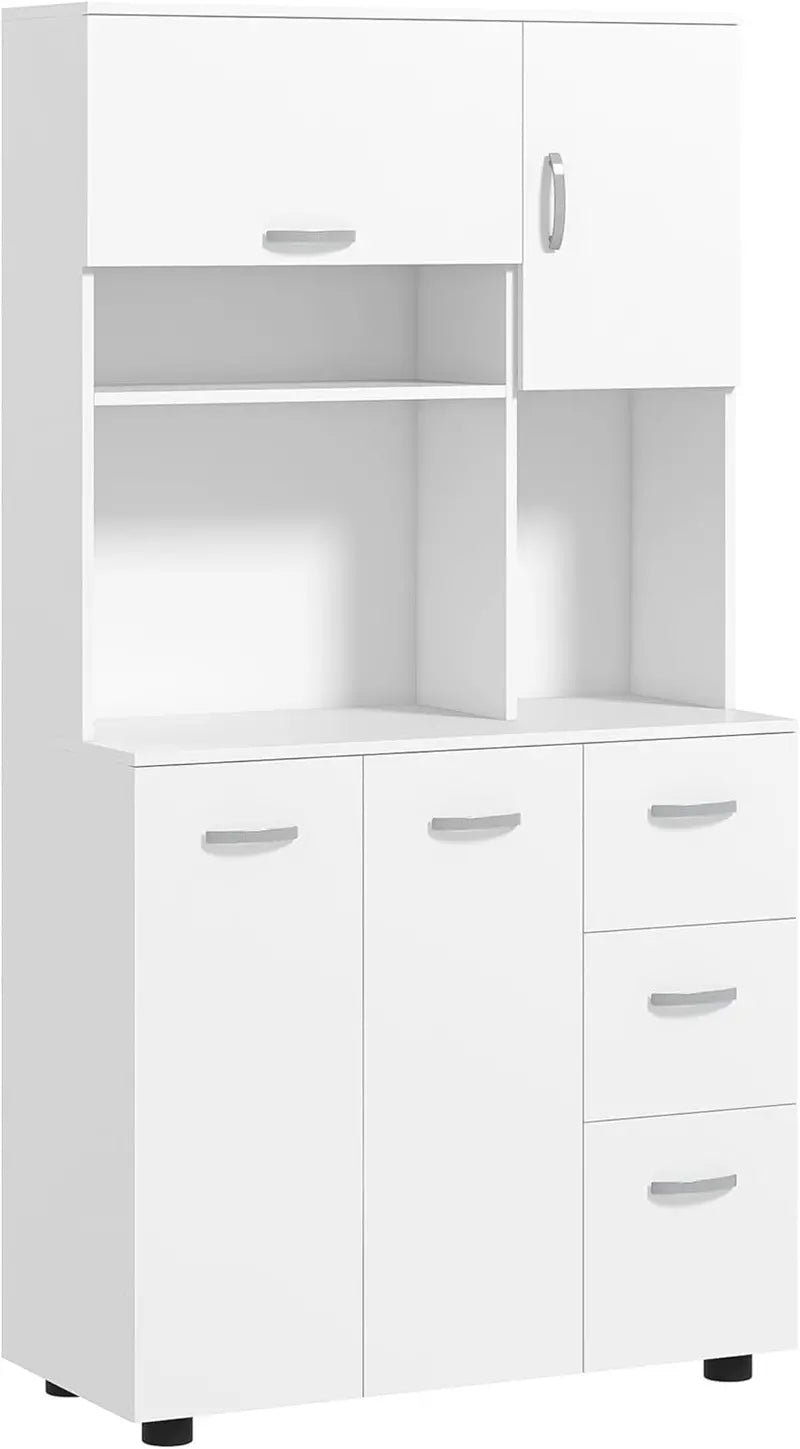 White 66â€?Microwave Stand & Pantry Cabinet â€?Multi-Functional Kitchen Storage Unit with Shelf Organization