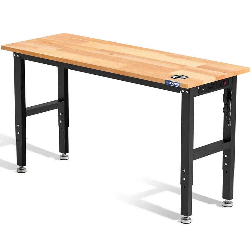 WORKPRO 60â€?x 24â€?Adjustable Workbench â€?1500-LB Capacity, Hardwood Top, Power Outlets