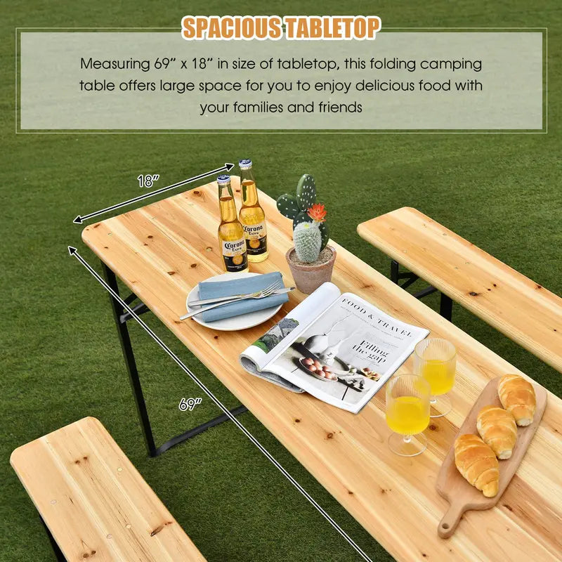 Three-Piece Folding Picnic Table and Bench Set with Wooden Top (70â€?Total)