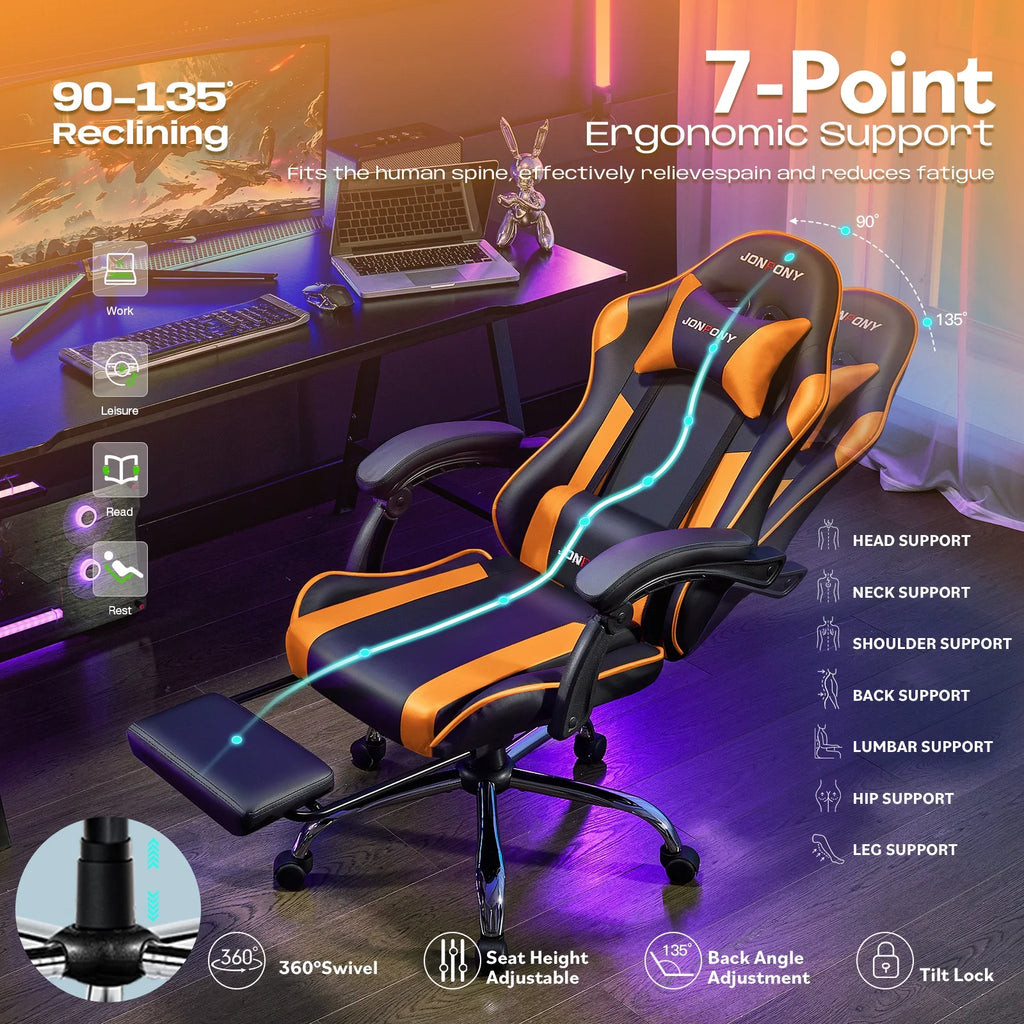 JONPONY Big and Tall Gaming Chair, Ergonomic Design, Gamer Chair PU Leather with Footrest and Lumbar Support, High Back Office Chair Support 8 Hours Long Sitting, Computer Chair, Black Grey