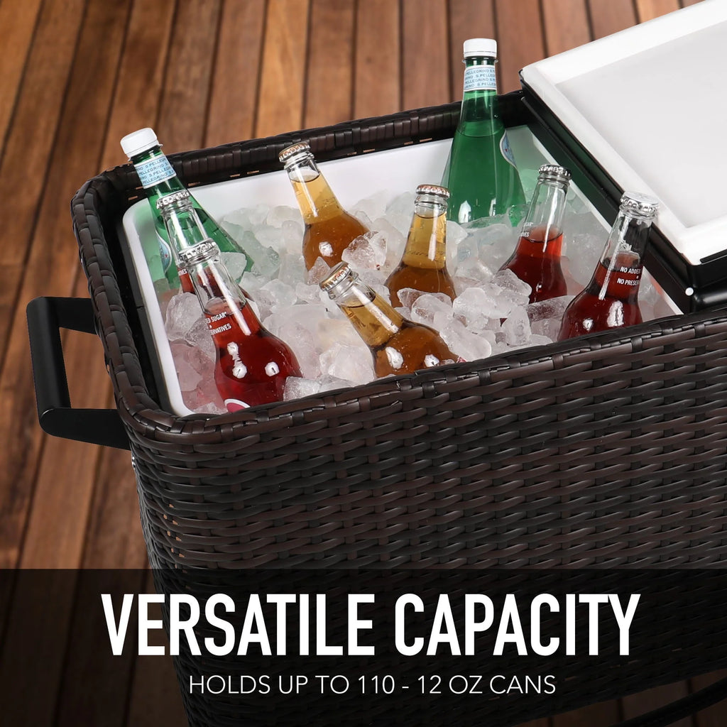 Permasteel 80 - QT Wicker Outdoor Patio Cooler, Hand - Woven Wicker Cooler Cart, Rolling Cooler on Wheels with Handle, Brown