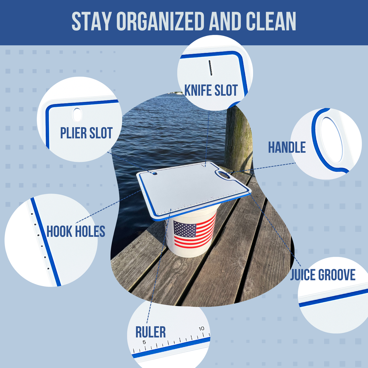 Made in the USA | Premium Bucket or Cooler Fishing Bait Fillet Cutting Board
